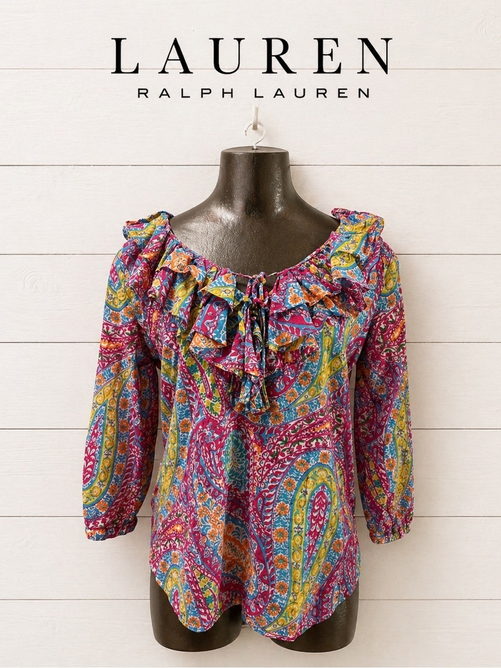 LAUREN RALPH LAUREN PETITE – Multicolour Paisley Ruffle Blouse – Size PL/G